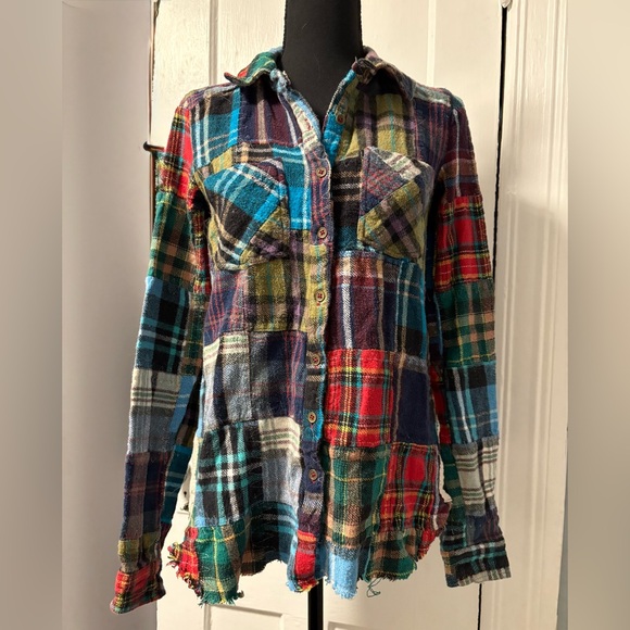 We The Free “Lost in Plaid” Patchwork Flannel Plaid Top with Lace Crochet Sides - Picture 4 of 16
